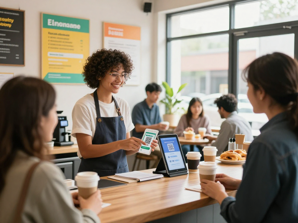Business owner shows loyalty program QR code to customers in a café, promoting engagement and rewards.