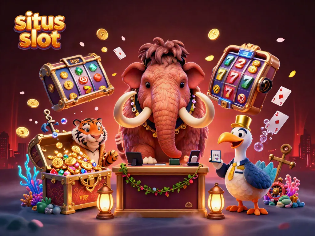 Experience situs slot with vibrant 3D illustration featuring unique casino characters and dynamic game elements.