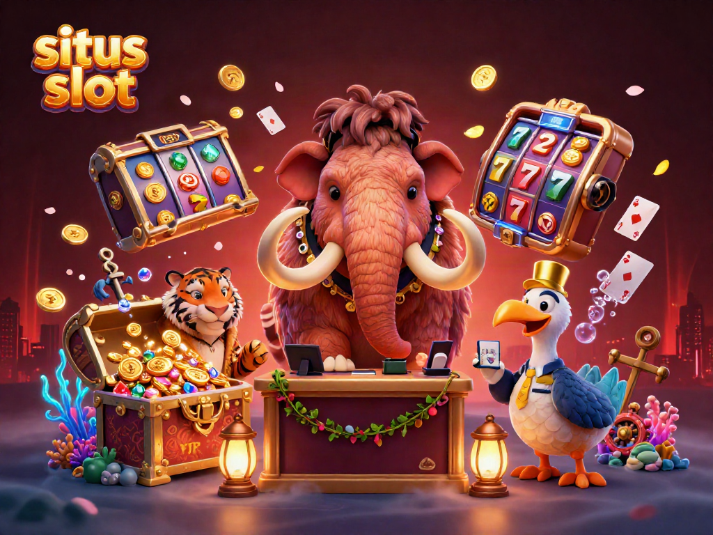 Experience situs slot with vibrant 3D illustration featuring unique casino characters and dynamic game elements.