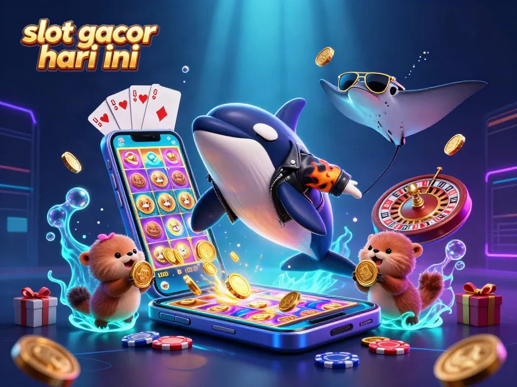 Win big today with slot gacor hari ini showcasing vibrant sea life celebrating with golden coins and colorful slot elements.