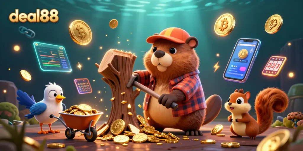 Engage with deal88 using interactive casino elements and golden coins in a vibrant scene.