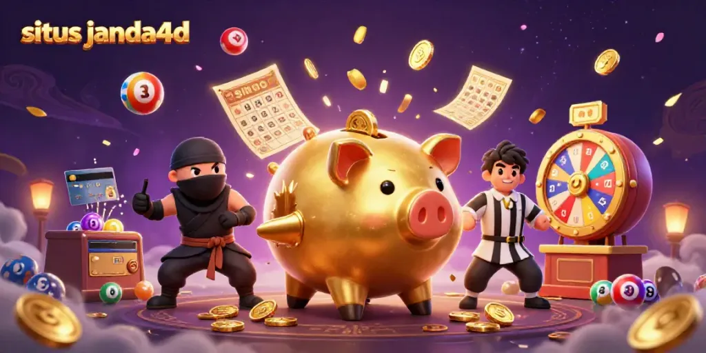 Gambar aktivitas permainan di situs janda4d dengan tokoh karakter menarik yang mempromosikan kesenangan dan peluang menang.