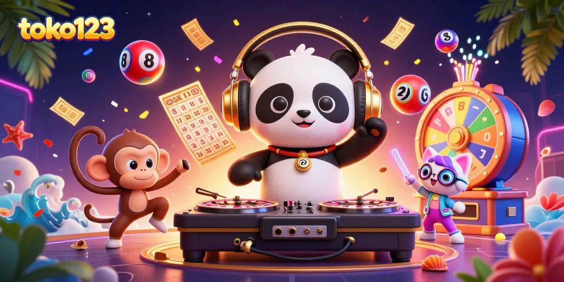 Toko123 showcases an energetic casino scene with a DJ panda and colorful gambling elements.