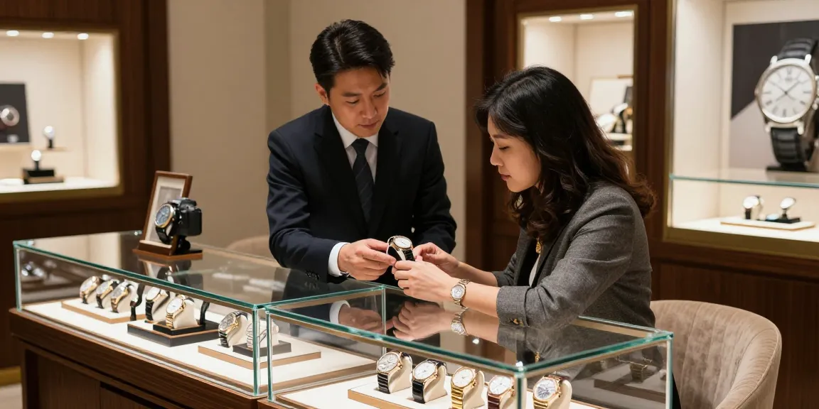 Luxury boutique scene showcasing high-quality replica watches on display, inviting customers to explore exquisite timepieces.