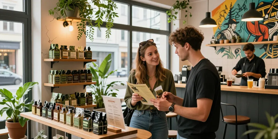 Where Can I Buy High Potent Weed In Frankfurt, Germany? Couple enjoying coffee shop with cannabis products, showcasing urban experience.