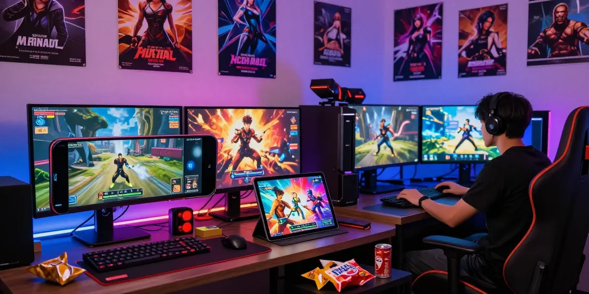 Engaging scene of gamers enjoying porngames on various devices in a colorful game room.
