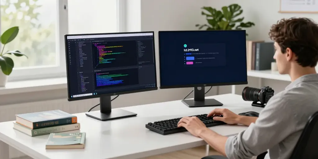 Developer showcasing open-source applications from h5.2113.net in a modern workspace.
