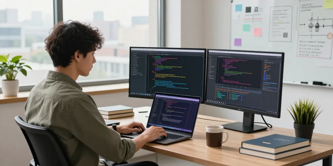 Developer coding at telegraimin.com workspace with dual monitors and city view