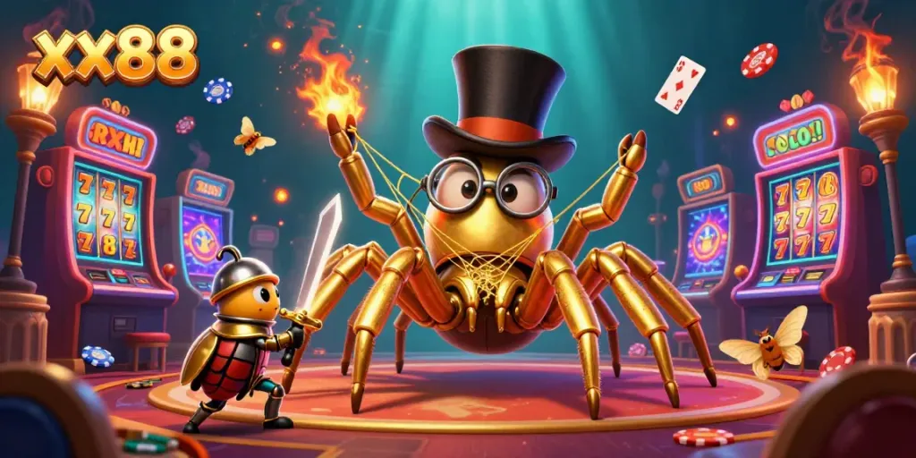 Engage with the vibrant world of xx88 where a golden tarantula and beetle knight bring excitement to the slots!
