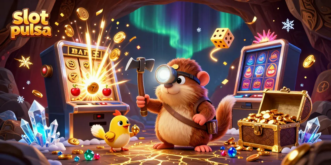 Slot pulsa menawarkan kemudahan deposit dengan karakter unik dan simbol berkilauan dalam ilustrasi 3D.