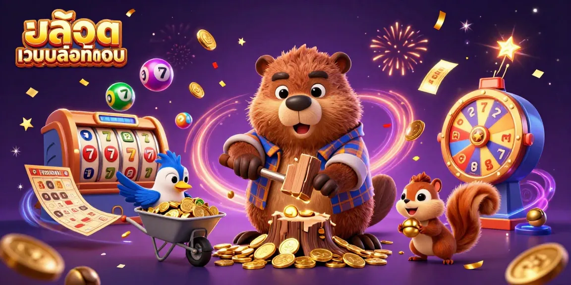 Experience the excitement of สล็อตเว็บตรงทั้งหมด with a scene featuring a beaver, coins, and slot elements.