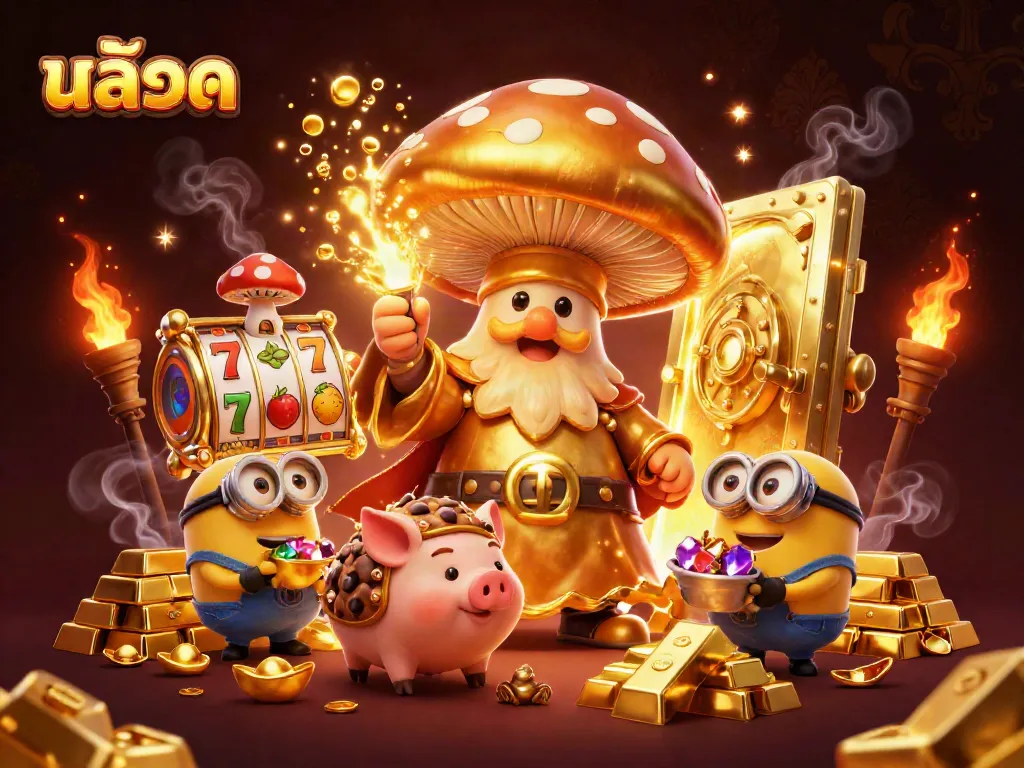 Experience the thrill of สล็อต with a whimsical golden wizard and treasure in an enchanted casino!