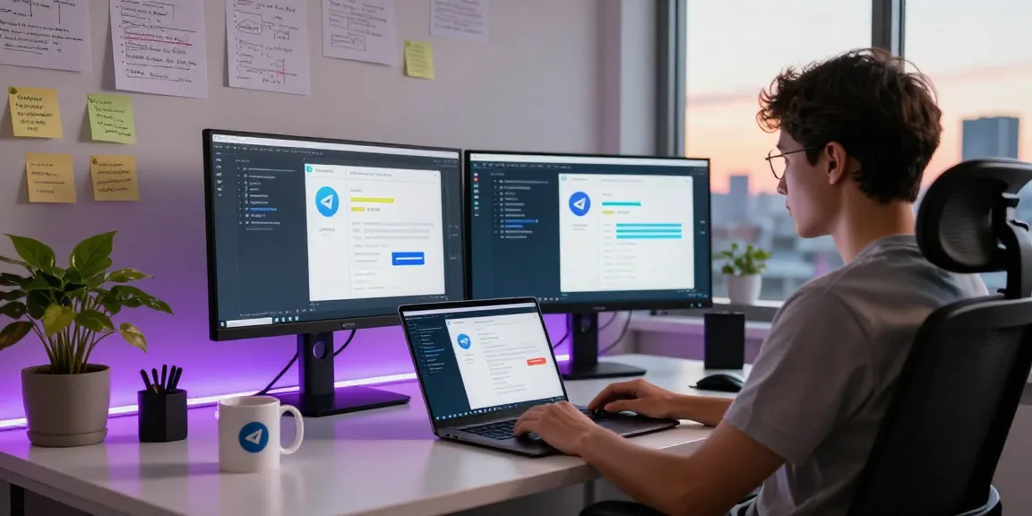 Developer working on a telegram chinese alternative app at a modern office desk with dual monitors and cityscape view.