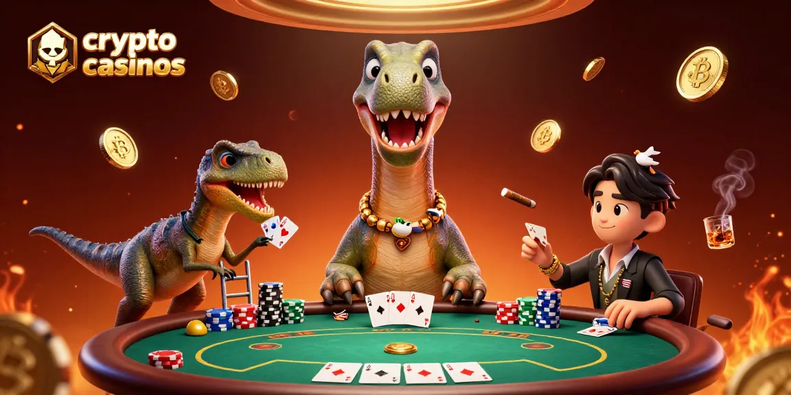 Jouer dans les meilleurs crypto casinos, illustré par un brontosaurus et un raptor au poker.