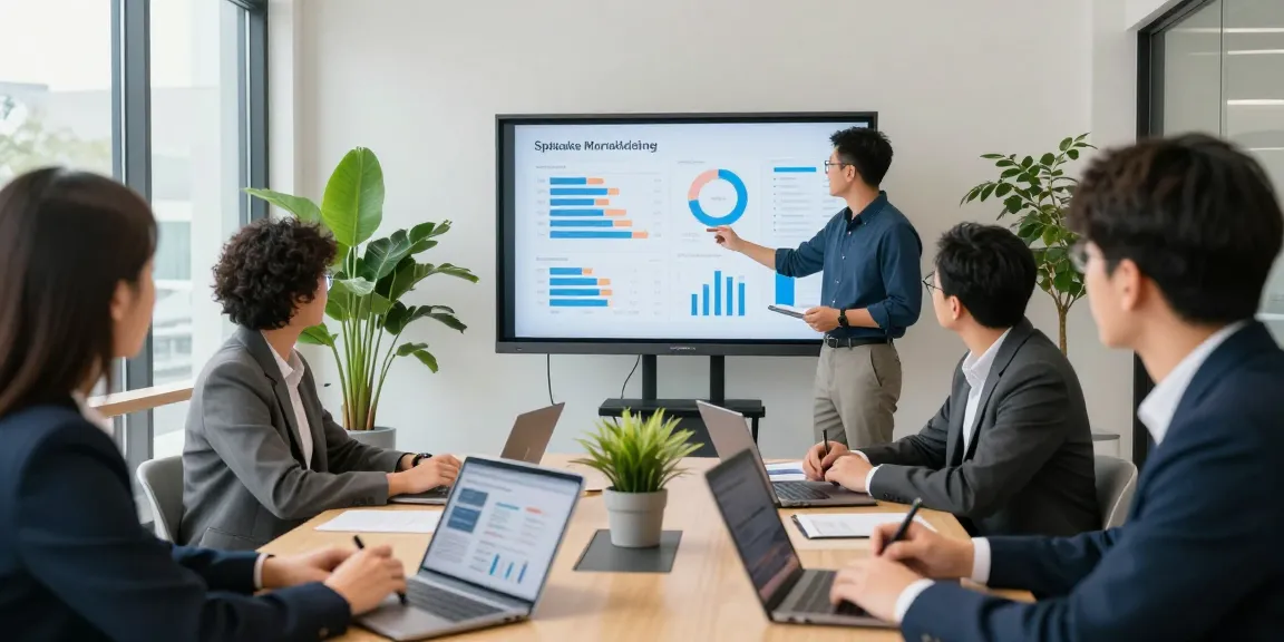 Collaborating professionals discussing Spokane marketing strategies with analytics in a conference room.