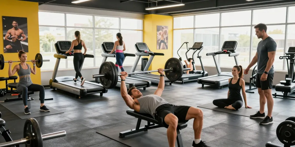 Driada Shop fitness scene with diverse people exercising in bright gym atmosphere, showcasing active lifestyle.
