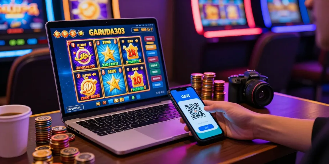 Online gaming setup for slot depo 1k with vibrant visuals, stacks of coins, and smartphone payment.