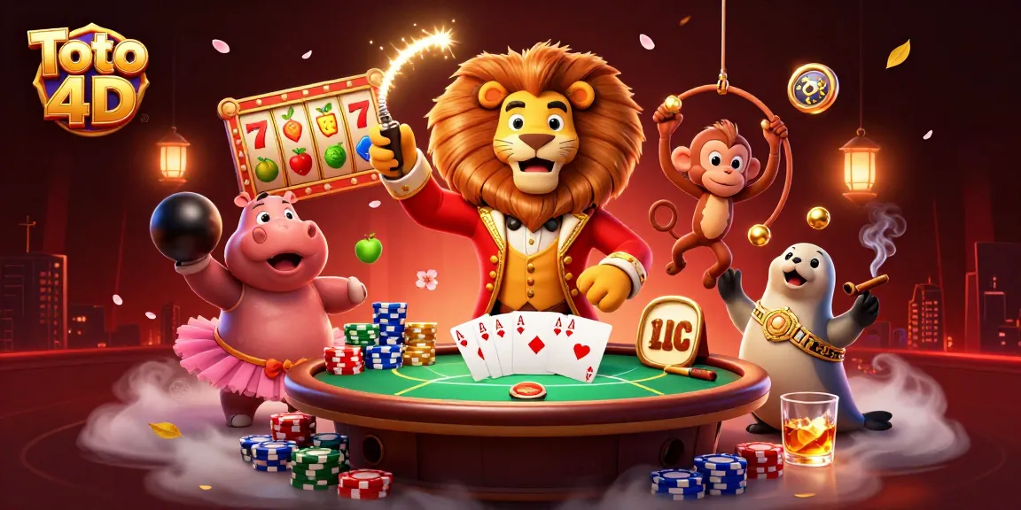 Toto 4D dynamic scene showing a carnival of slot games with vibrant characters and a poker atmosphere.