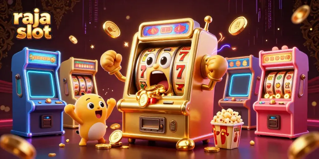 Raja slot merayakan kemenangan dengan mesin slot emas dan mesin kecil lainnya di kasino.
