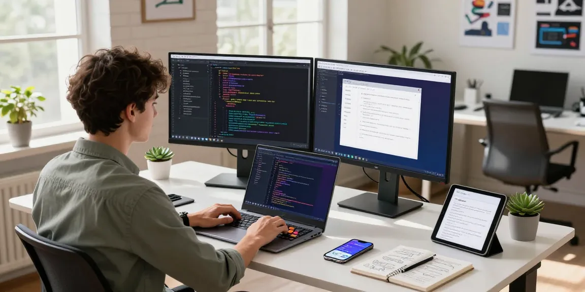 Dynamic workspace showcasing 纸飞机中文版 coding environment with vibrant screens and tech gadgets.