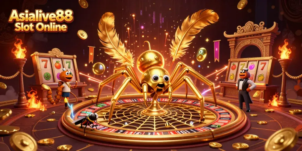 Engage in Asialive88 Slot Online as a golden spider spins a roulette wheel web in a vibrant casino scene.