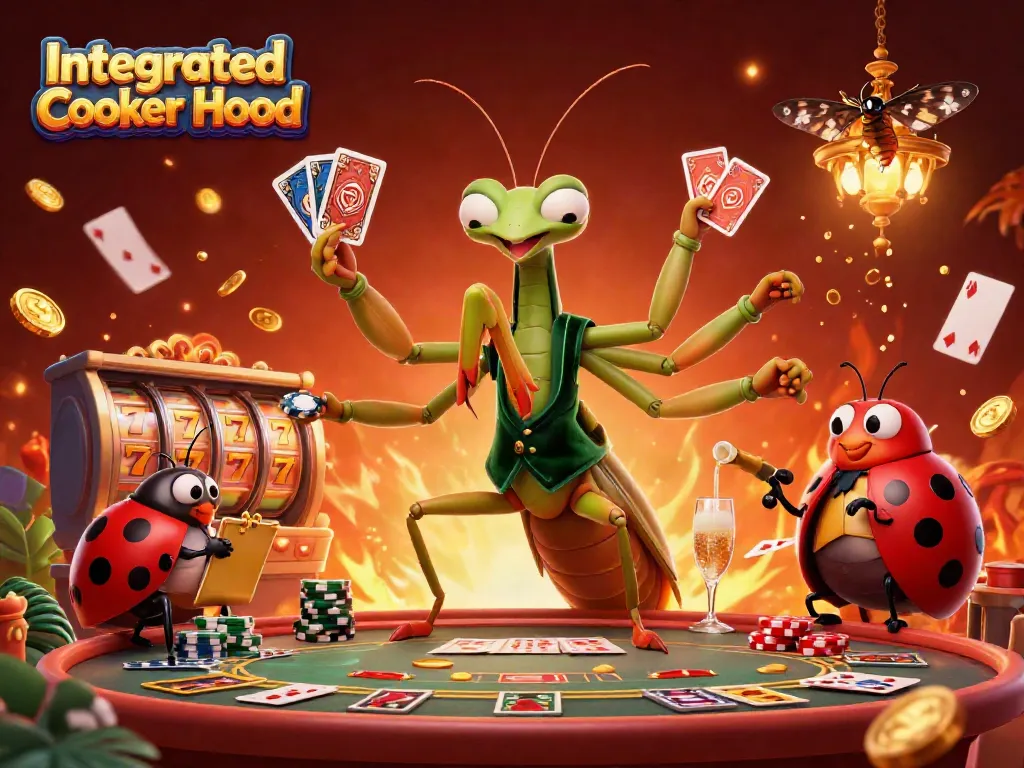 Experience the Integrated Cooker Hood in an exciting casino scene with vibrant card games and playful critters.