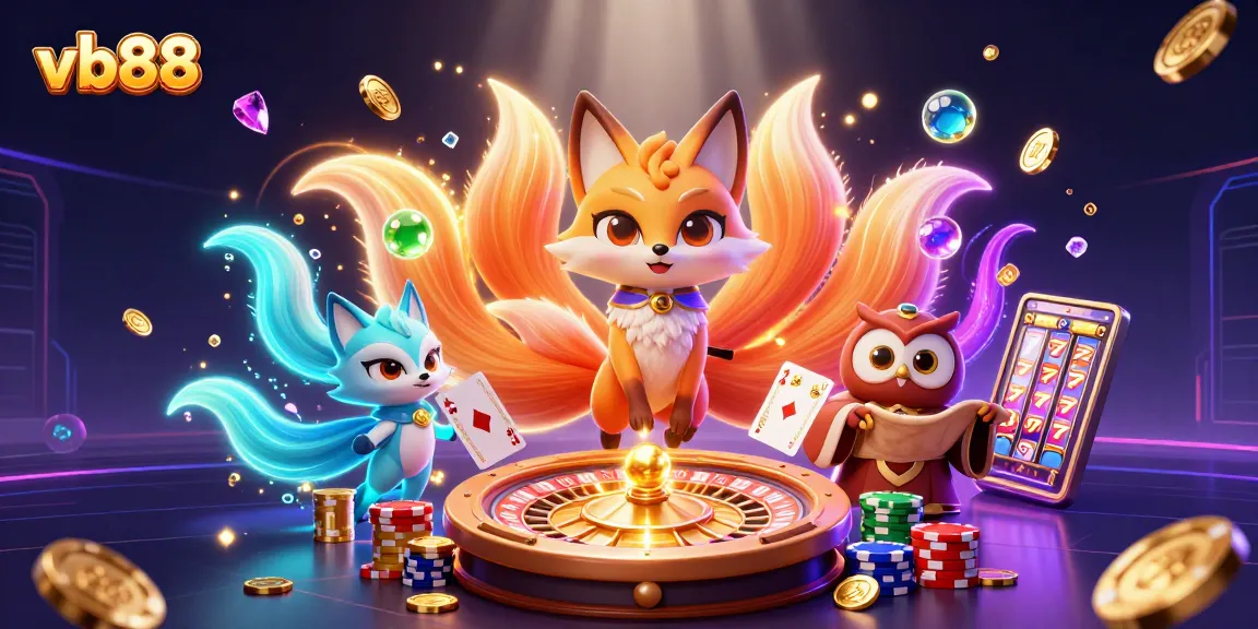 Engage with vb88's colorful casino world featuring a glowing fox spirit and vibrant game elements.