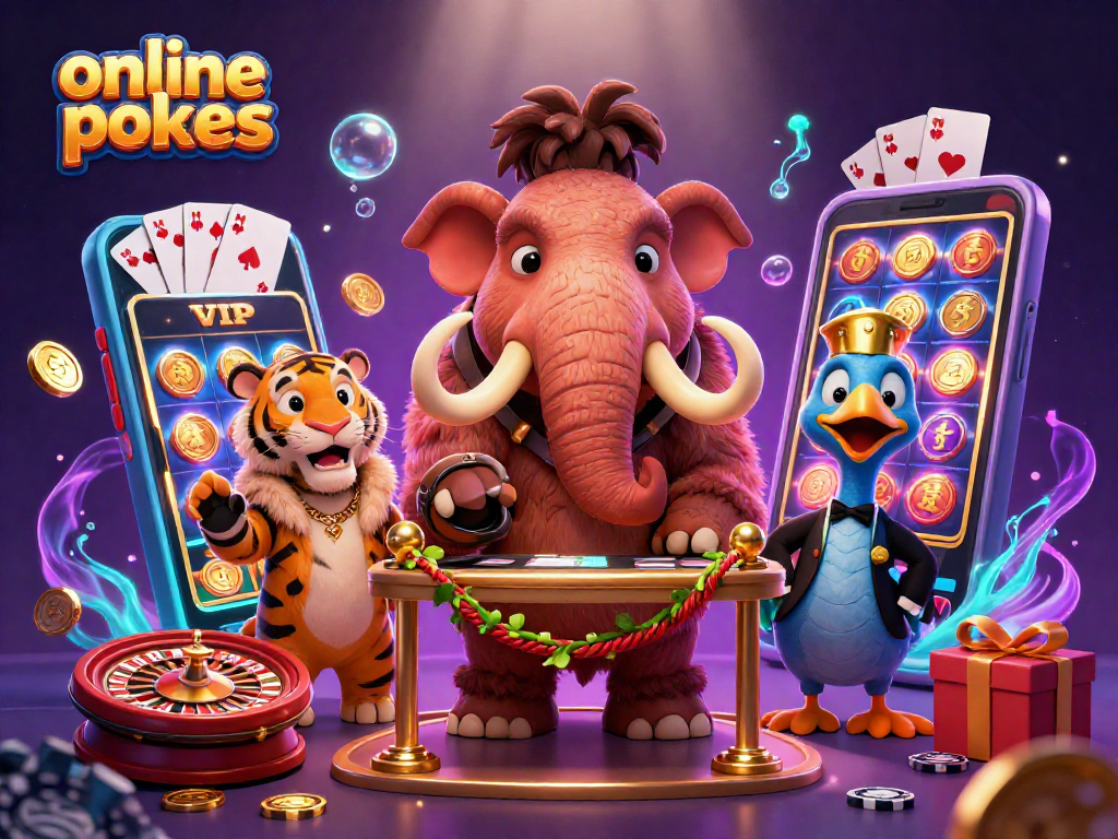 Experience exciting online pokies with a woolly mammoth, saber-tooth tiger, and dodo bird in a vibrant casino scene.