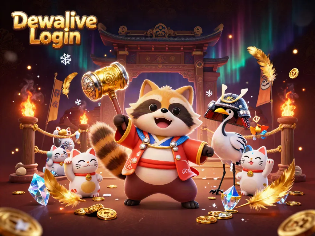 Engage with Dewalive Login through a vibrant illustration of a cheerful tanuki and lucky symbols of fortune.