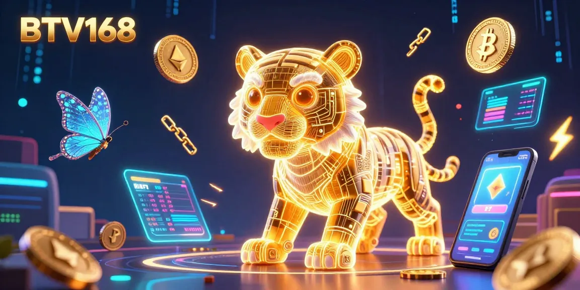 BTV168 casino illustration showcases a neon golden tiger amidst crypto elements in a digital landscape.