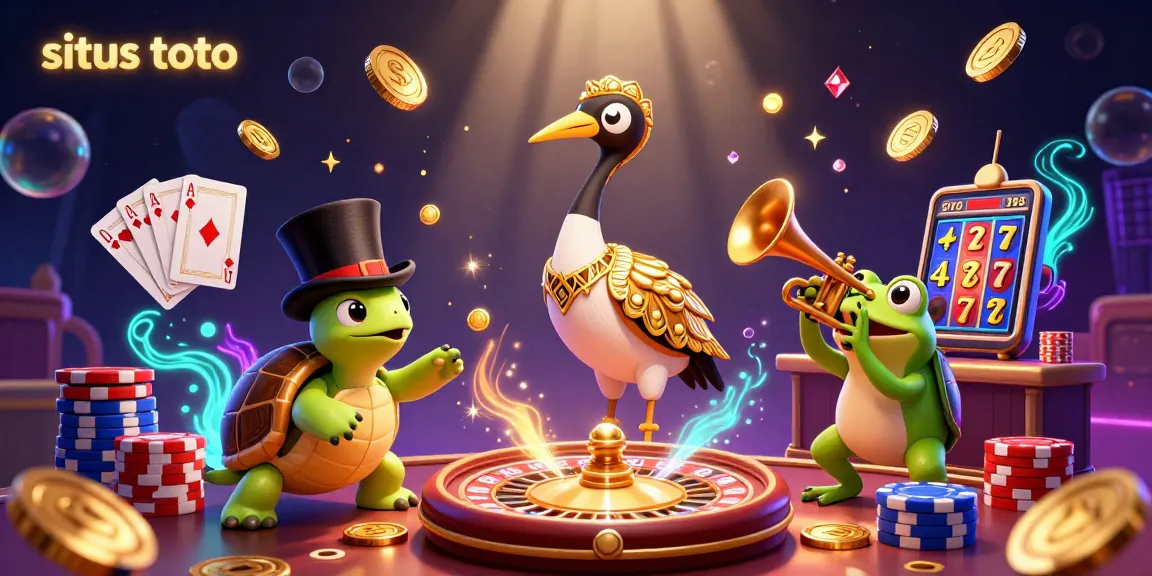 Situs toto showcases a vibrant 3D casino scene with characters celebrating winnings, abundant coins, and dynamic slot elements.