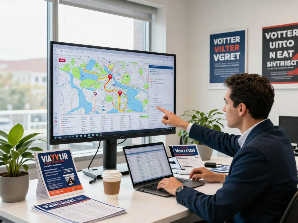Strategy session on voter file targeting CTV, showing campaign data analysis and planning in a modern office setting.