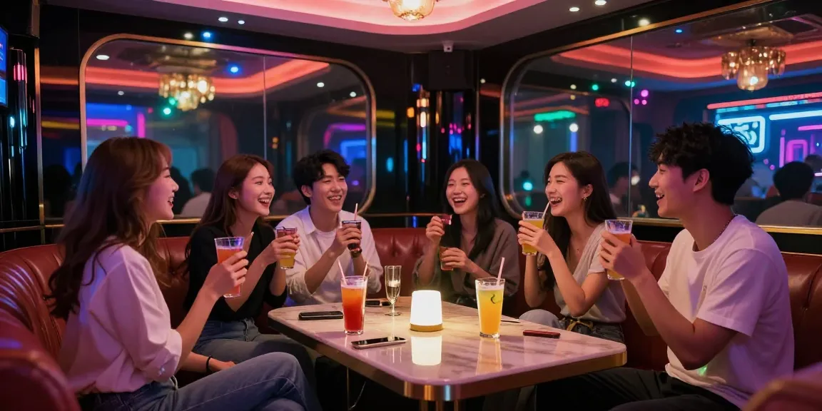 달토 나이트라이프를 즐기는 친구들의 활기찬 모습과 화려한 인테리어의 가라오케 바