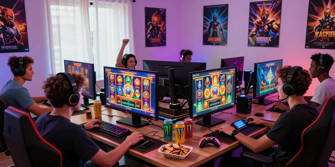 Excited players enjoying kecak4d online slot games in vibrant home settings, celebrating wins.