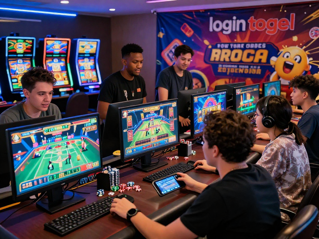 Players enjoying vibrant slot games display and login togel on screens.