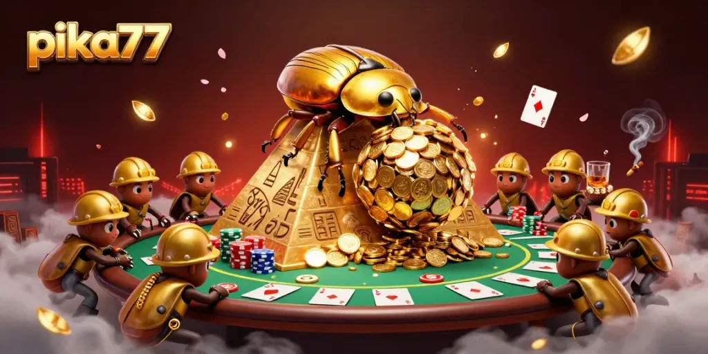 Pika77 features an exciting scene with golden beetles and casino elements, showcasing online gaming thrills.