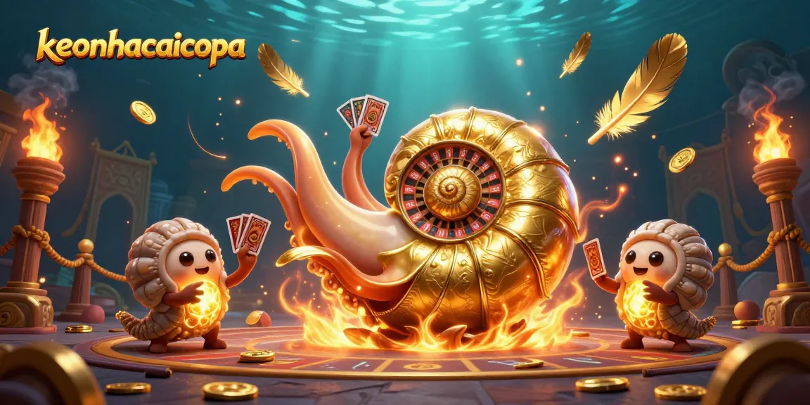 Engage with keonhacaicopa's thrilling gaming scene, featuring an ancient giant nautilus and golden roulette wheel.