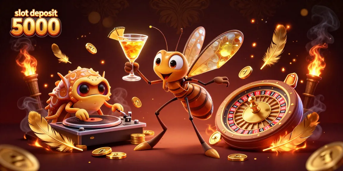 Permainan slot deposit 5000 yang menarik dengan karakter unik dan elemen kasino berkilauan.