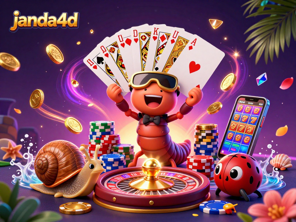 janda4d menampilkan dealer kartun yang memegang kartu judi, dikelilingi koin emas dan batu permata, meningkatkan suasana kasino online.