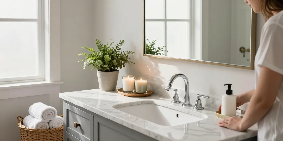 Stylish bathroom vanity showcasing modern design with double sinks and elegant decor.