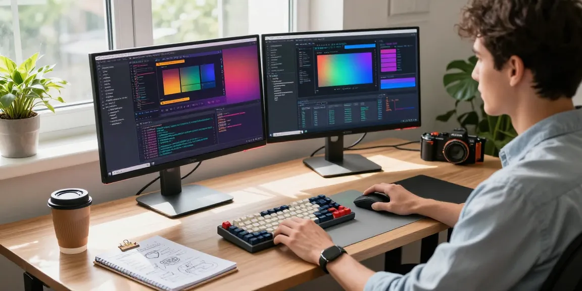 Developer showcasing advanced 截图工具 in a vibrant workspace with dual monitors and tech gadgets