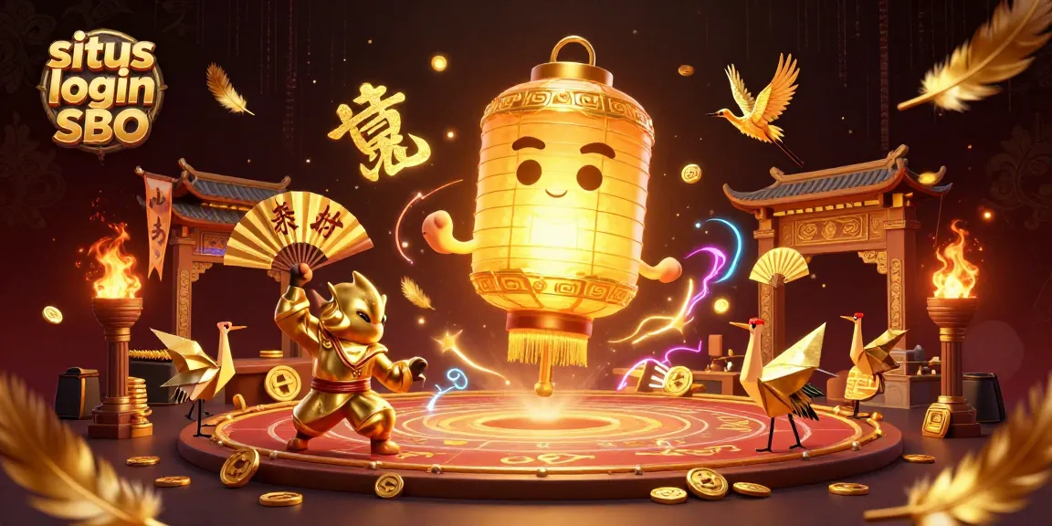 Immerse in a vibrant scene featuring situs login SBO with golden lantern spirit and warriors in a lively casino