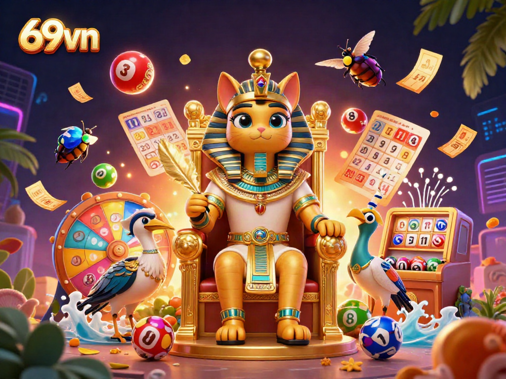 Experience the thrill of 69vn with dynamic lottery elements and vibrant prizes in a stunning 3D illustration.