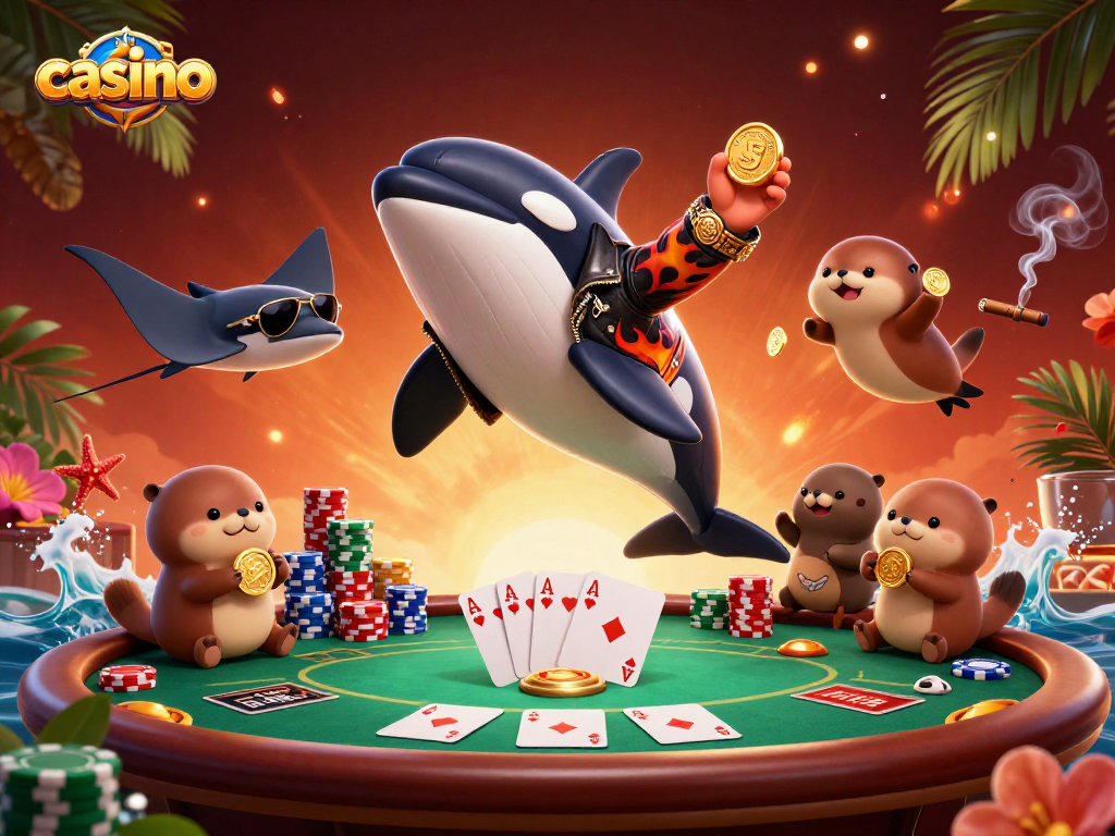 Engaging casino scene with orca, stingray, and otters celebrating wins