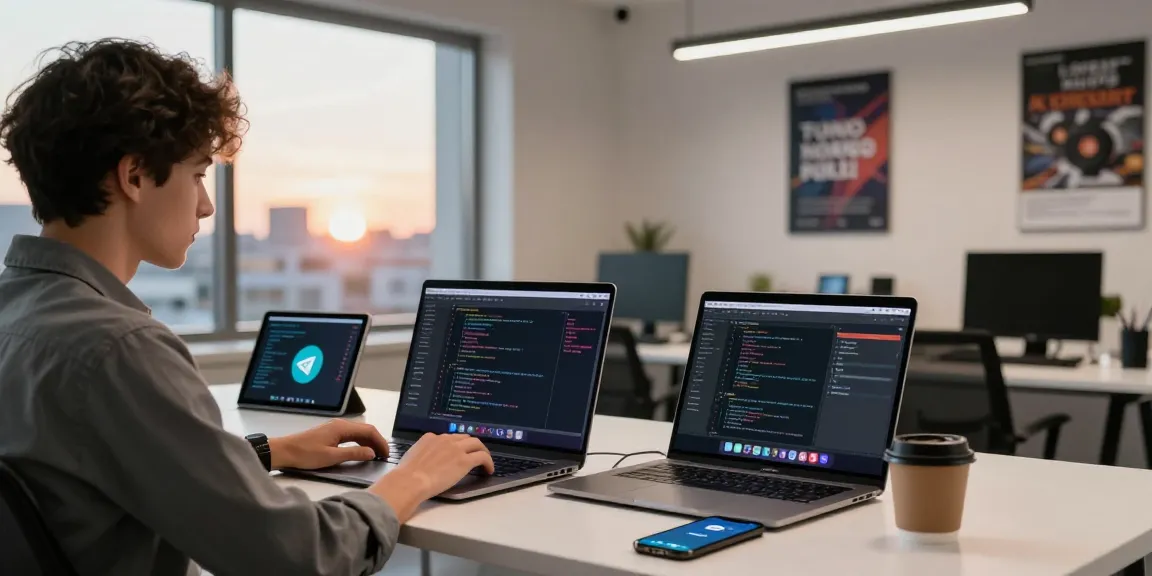 Professional workspace scene demonstrating telegram china support with tech gadgets and city view.