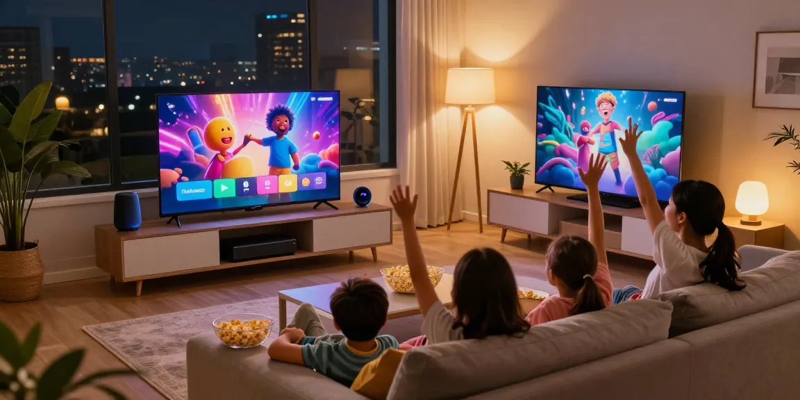 Family enjoying a movie night with a mini LED TV in a cozy living room setting.