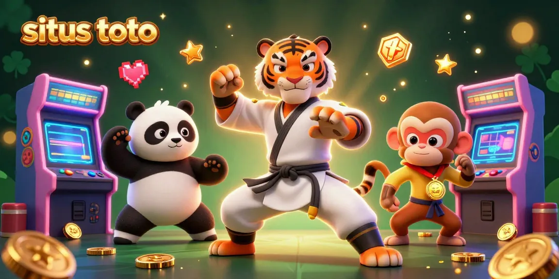 Situs toto arcade-inspired illustration featuring a kung fu tiger master, panda, and monkey in a vibrant casino scene.