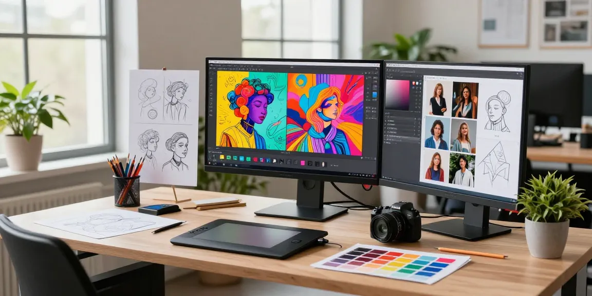 A graphic designer using Nano Banana 2 in a vibrant creative workspace filled with design tools and natural light.