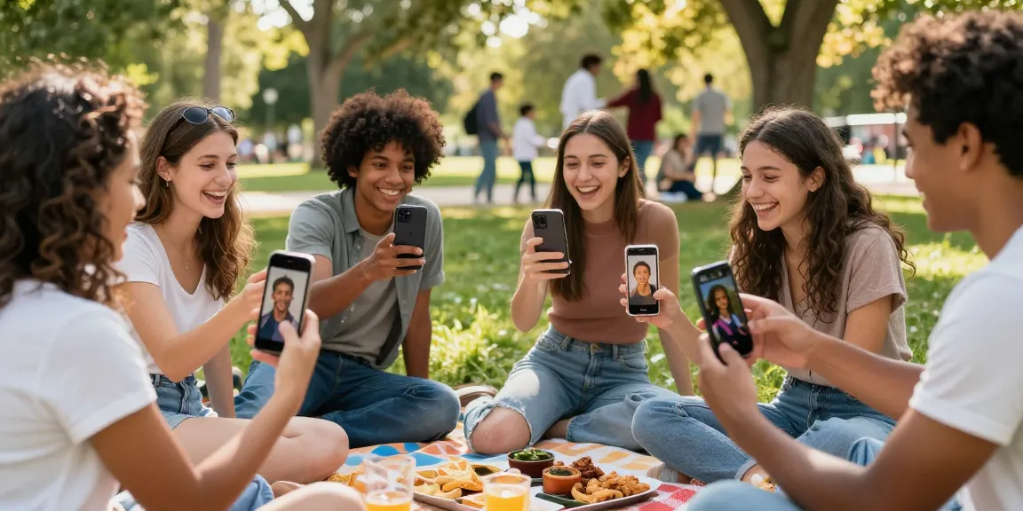 Group of friends enjoying a picnic while discovering celebrities look alike on their smartphones, joyful outdoor atmosphere.