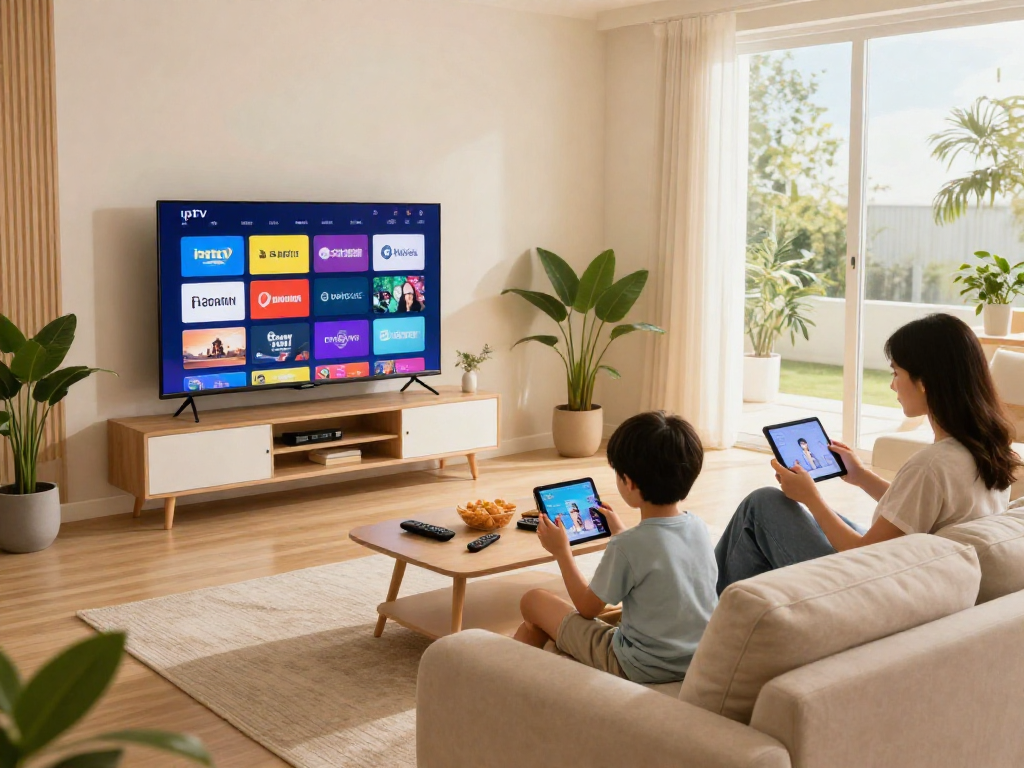 Family enjoying Best IPTV services 2026 in a cozy living room with smart TV.
